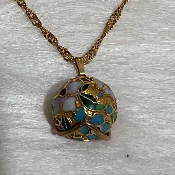 Vintage Cloisonne Gold Plated Caged Floral Design Necklace - Picture 9 of 13